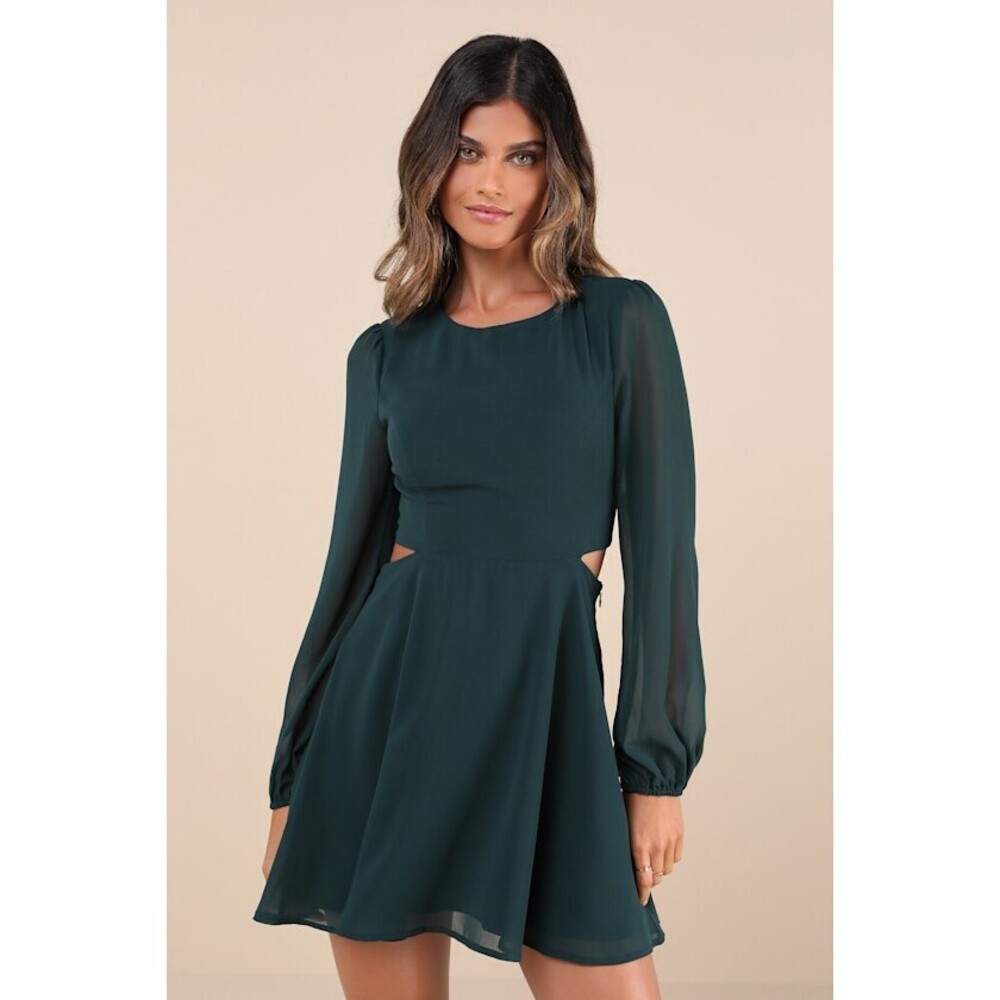 Lulus Garden Bliss Emerald Green Long Sleeve Cutout Mini Dress - Size S